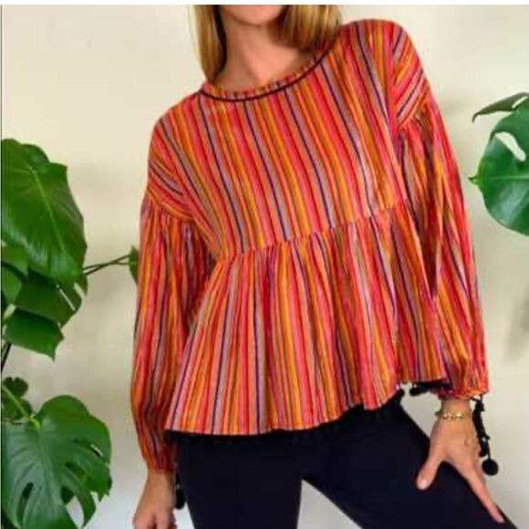 Amaryllis Metallic Stripe Pom Pom Boho Peasant Blouse Size X Small - Picture 2 of 7